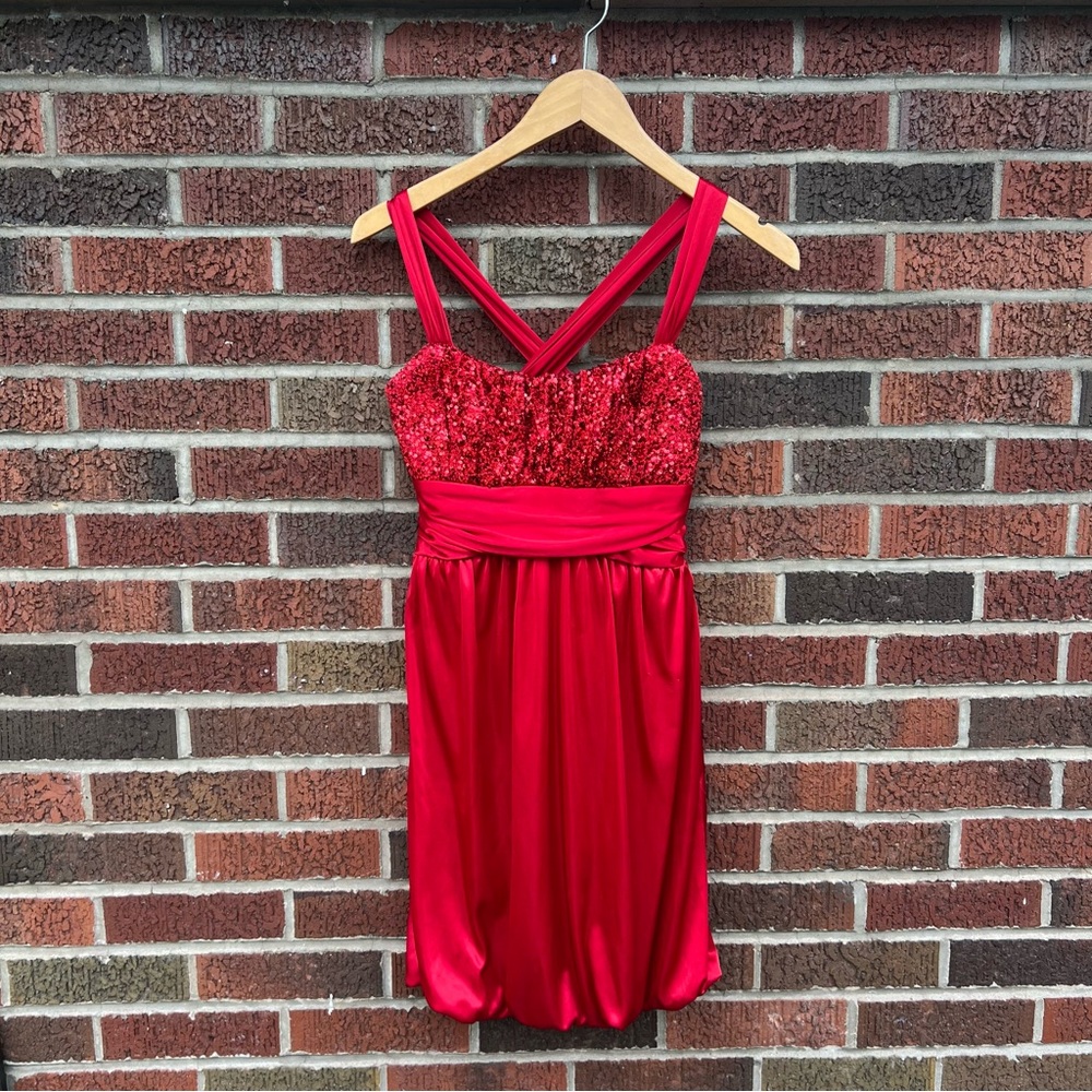 Love Tease Red and Red Sequin Strappy Shiny Jellyfish Hem Mini Dress